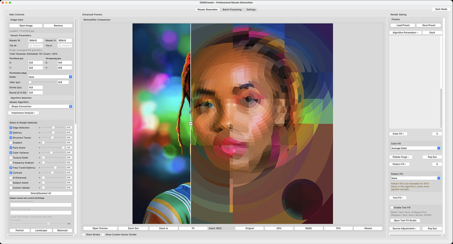 Screenshot of CGMCreator showing a list of weighted image-analysis methods and a split before-and-after view of a portrait turned into a mosaic of concentric circular shapes