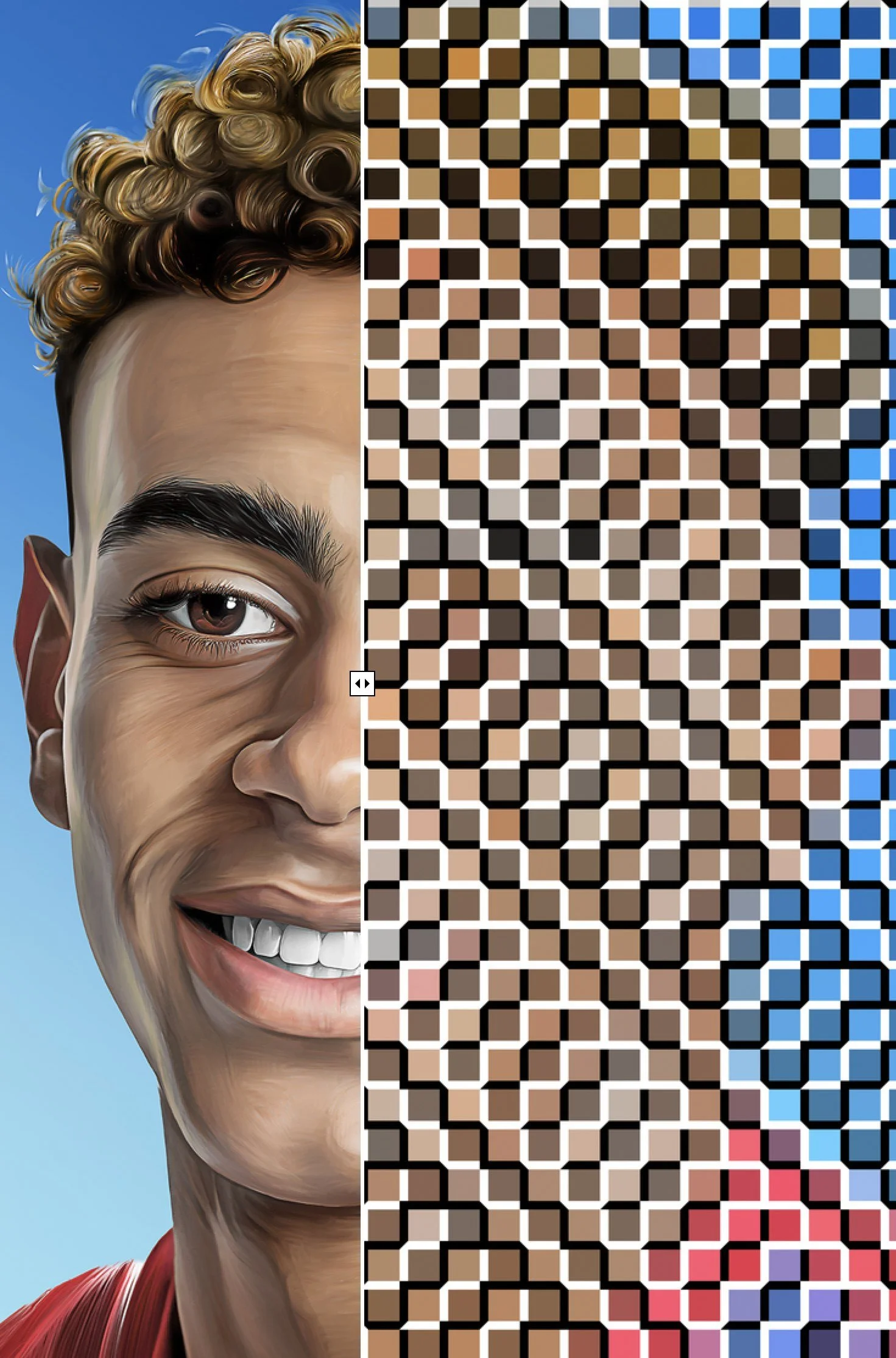 A smiling young man with curly hair, shown as a painted portrait on the left and as a square-tile mosaic with black and white lattice lines on the right