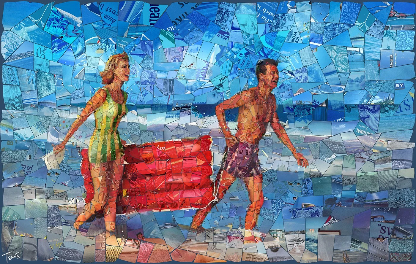 Romantic summer mosaic, a couple carrying a mattress. Old happy aesthetic
