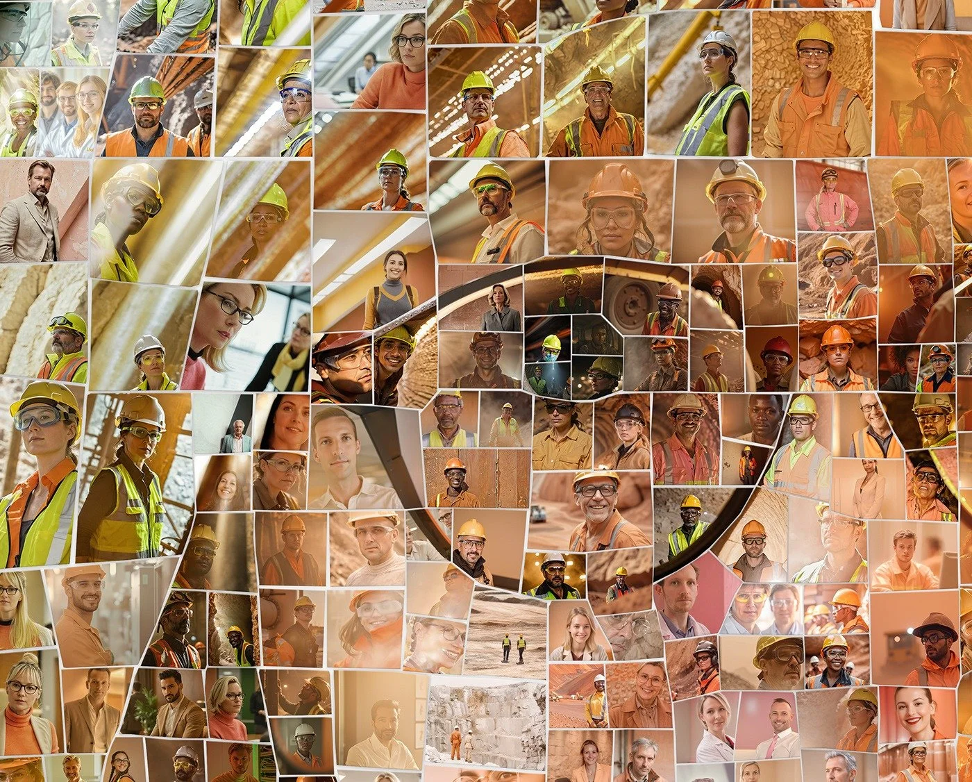 Close-up detail of a Lhoist photomosaic portrait showing the employee photos used as tiles