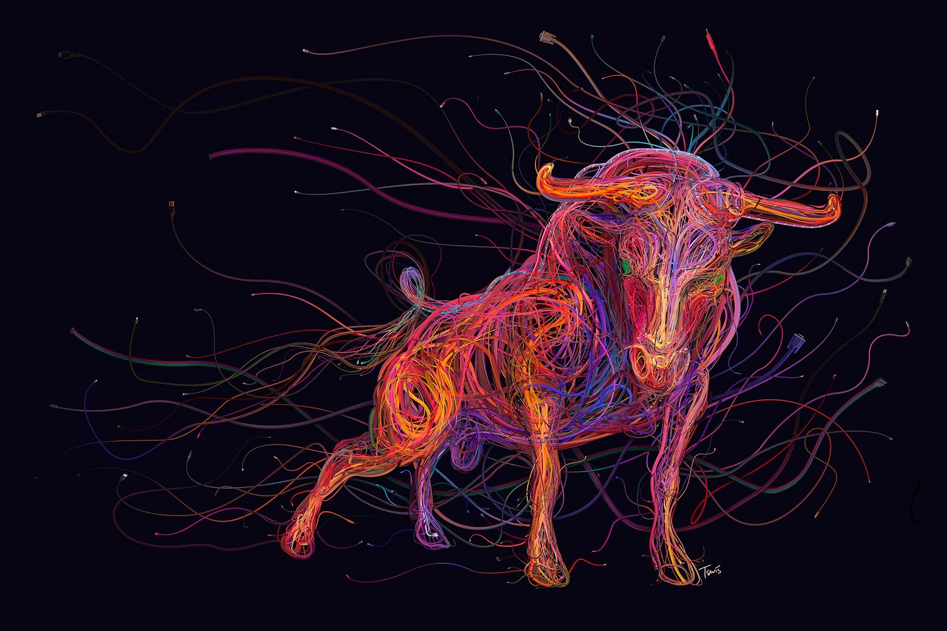 UNO Maverick bull – red and purple wires forming the mascot.