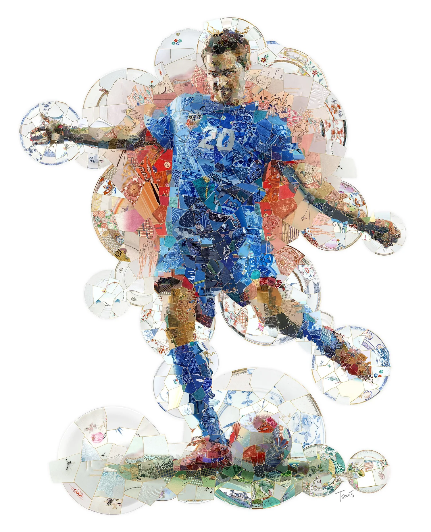 Footballer in motion made of fragments mended with gold lines in the kintsugi style