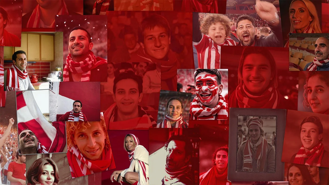 Olympiacos logo digital mosaic. Composed of hundreds of imagined fan portraits spanning a century, this artwork pays tribute to the club's soul, its passionate, dedicated, and multigenerational supporters.