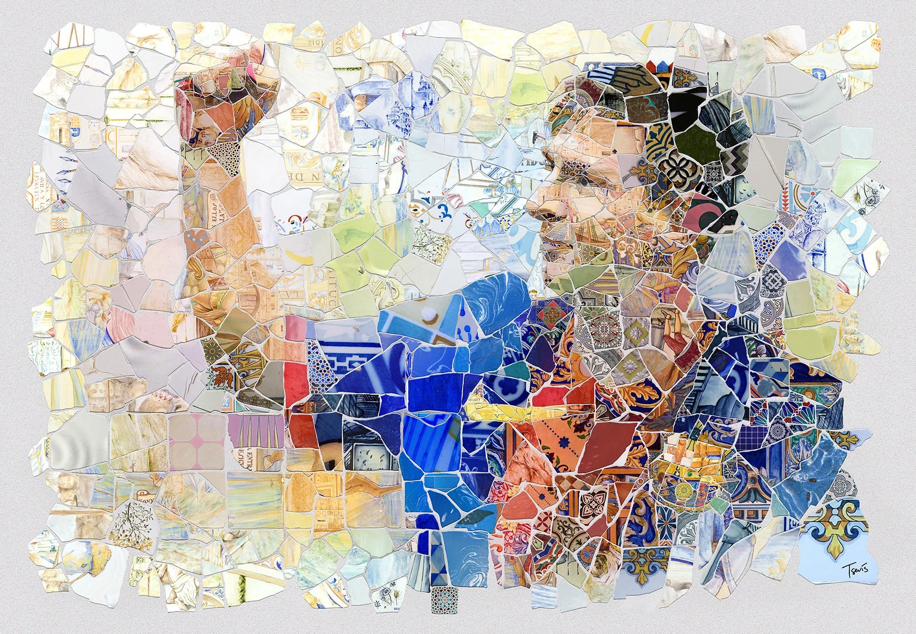 Messi trencadís mosaic – Catalan modernism technique. Fragments from Gaudí's Park Güell as tesserae.