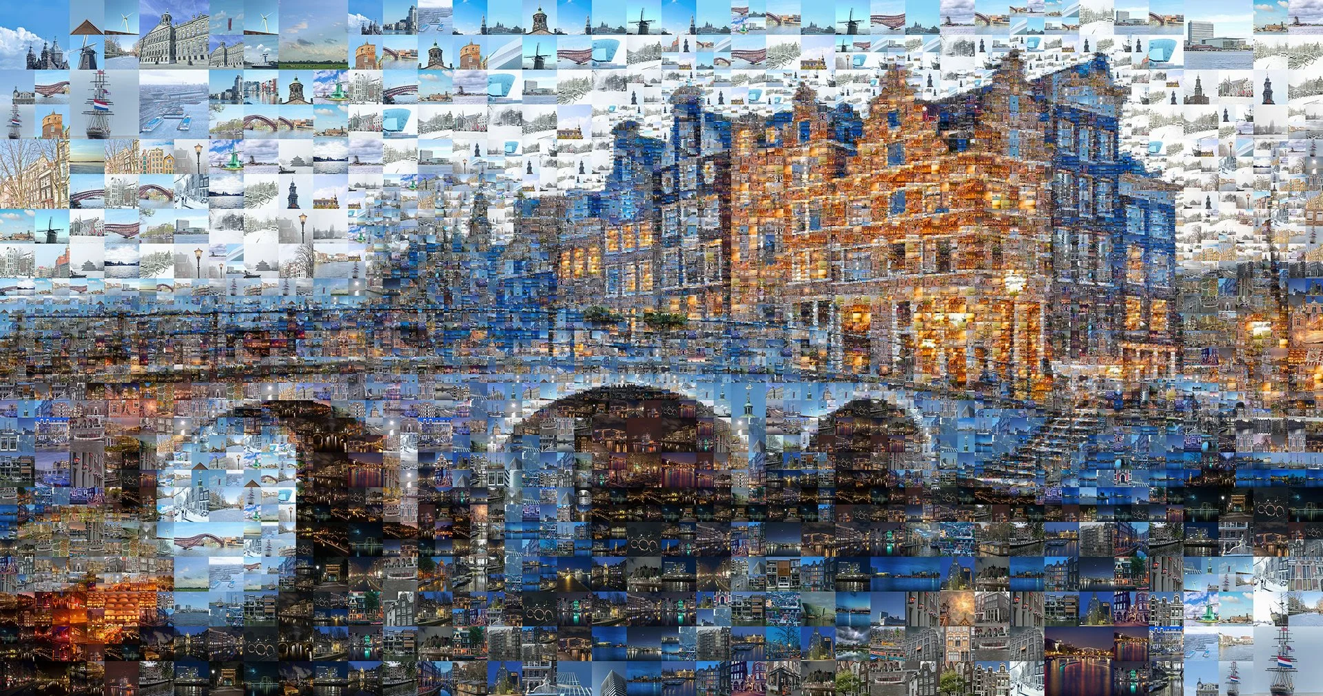 Intricate art mosaic portrait of Amsterdam City, made of urban landscape photos