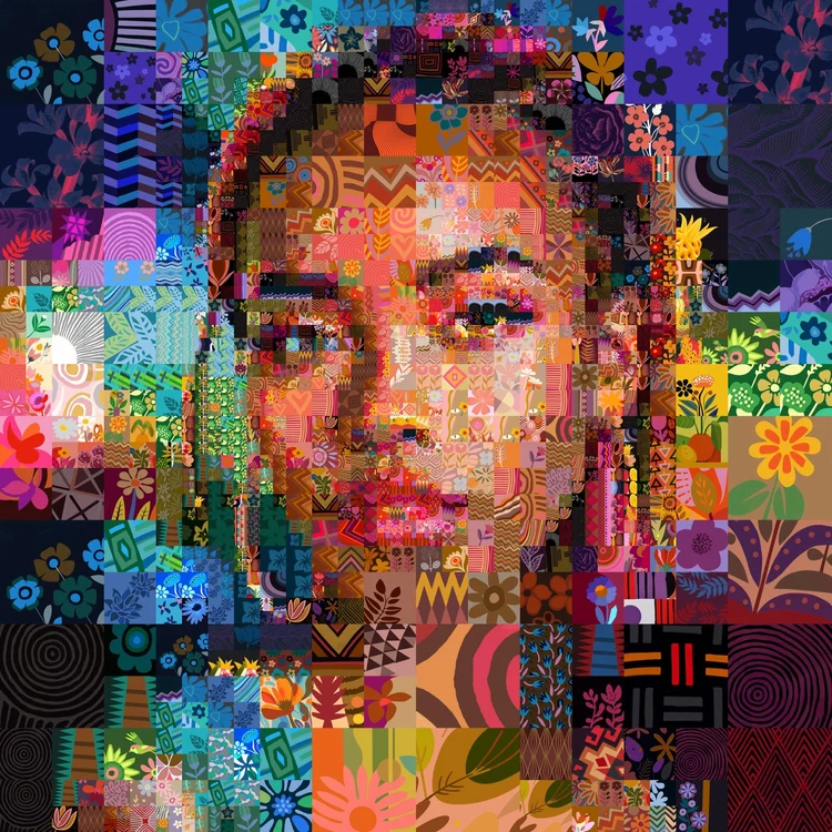 Mosaic portrait of a woman built from illustrated tiles by the Mozaix Gestalt Chroma matcher