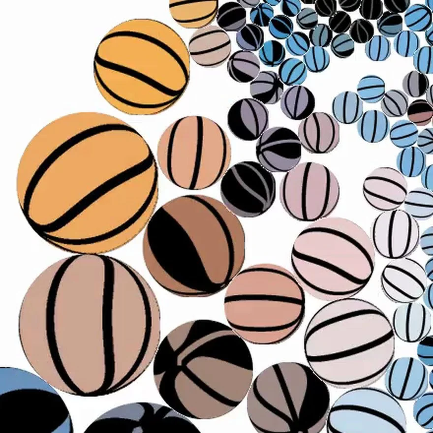 Close-up of large basketball tiles in orange, pink and blue, getting smaller toward the upper right.