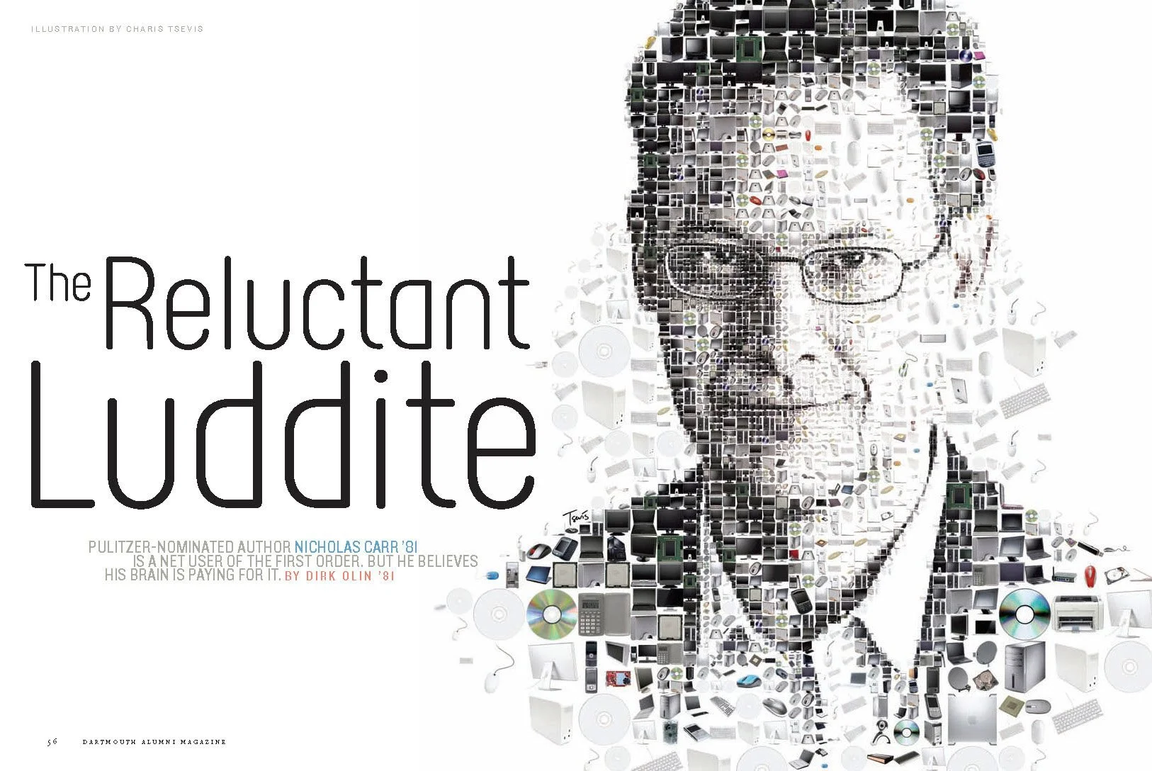 Magazine opening titled The Reluctant Luddite with a man's glasses-wearing portrait mosaic made from tech gadgets