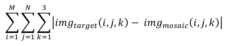 Equation: triple sum of absolute differences between target and mosaic pixel values
