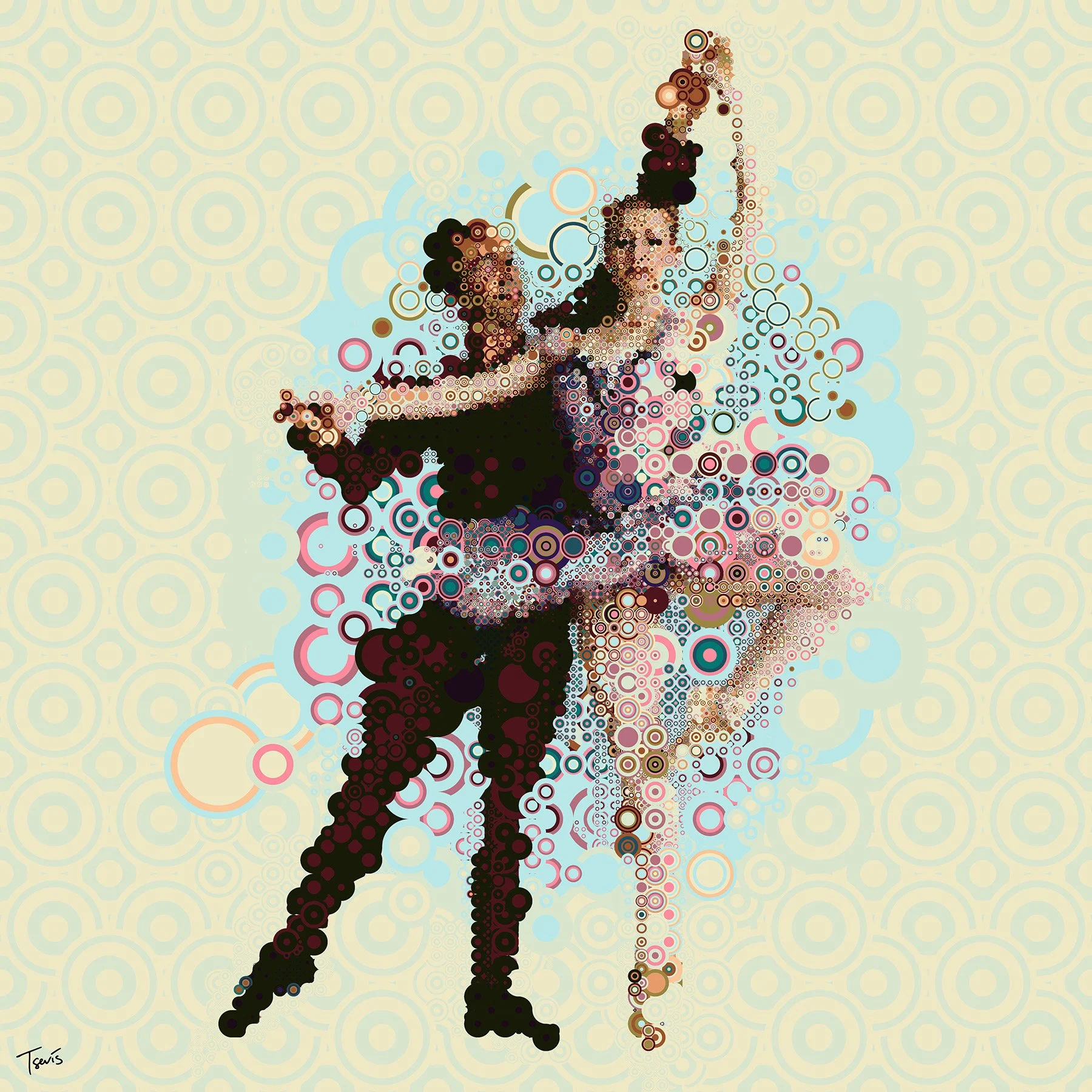 digital mosaic based on colorful concentric circles showing a couple of ballet dancers