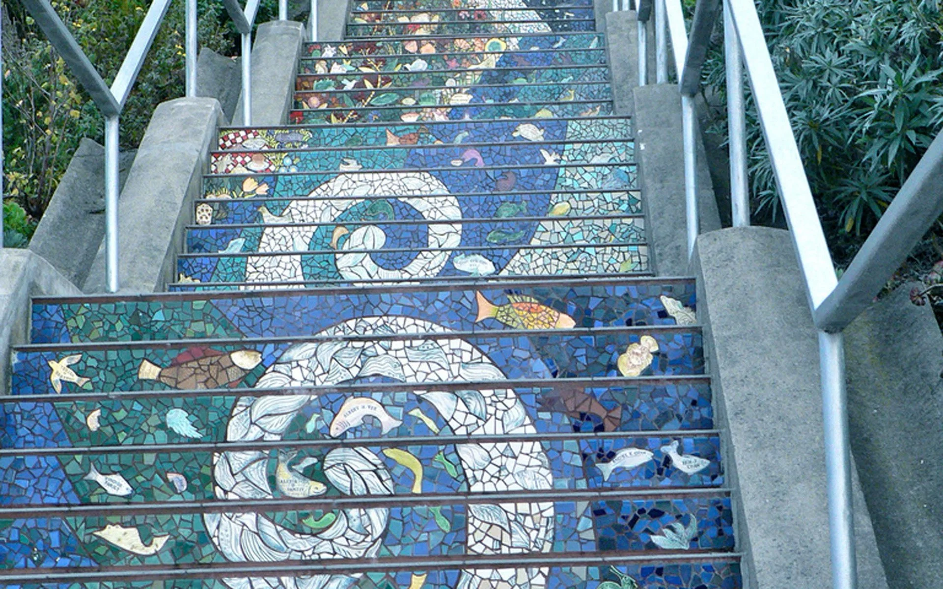 Close-up of the 16th Avenue Tiled Steps in San Francisco, showing mosaic tiles featuring blue spirals, flying birds, and swimming fish in vibrant ocean-themed colors.