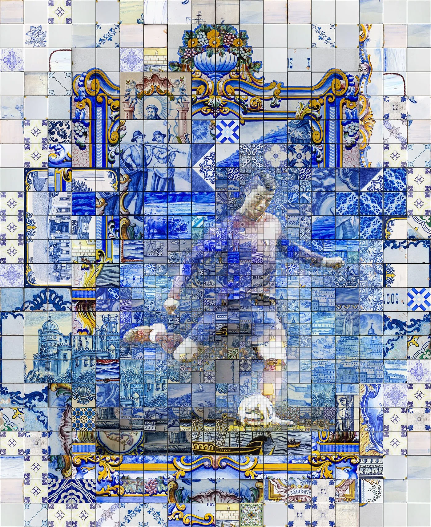 Traditional Portuguese floral and geometric motifs within Ronaldo's portrait.