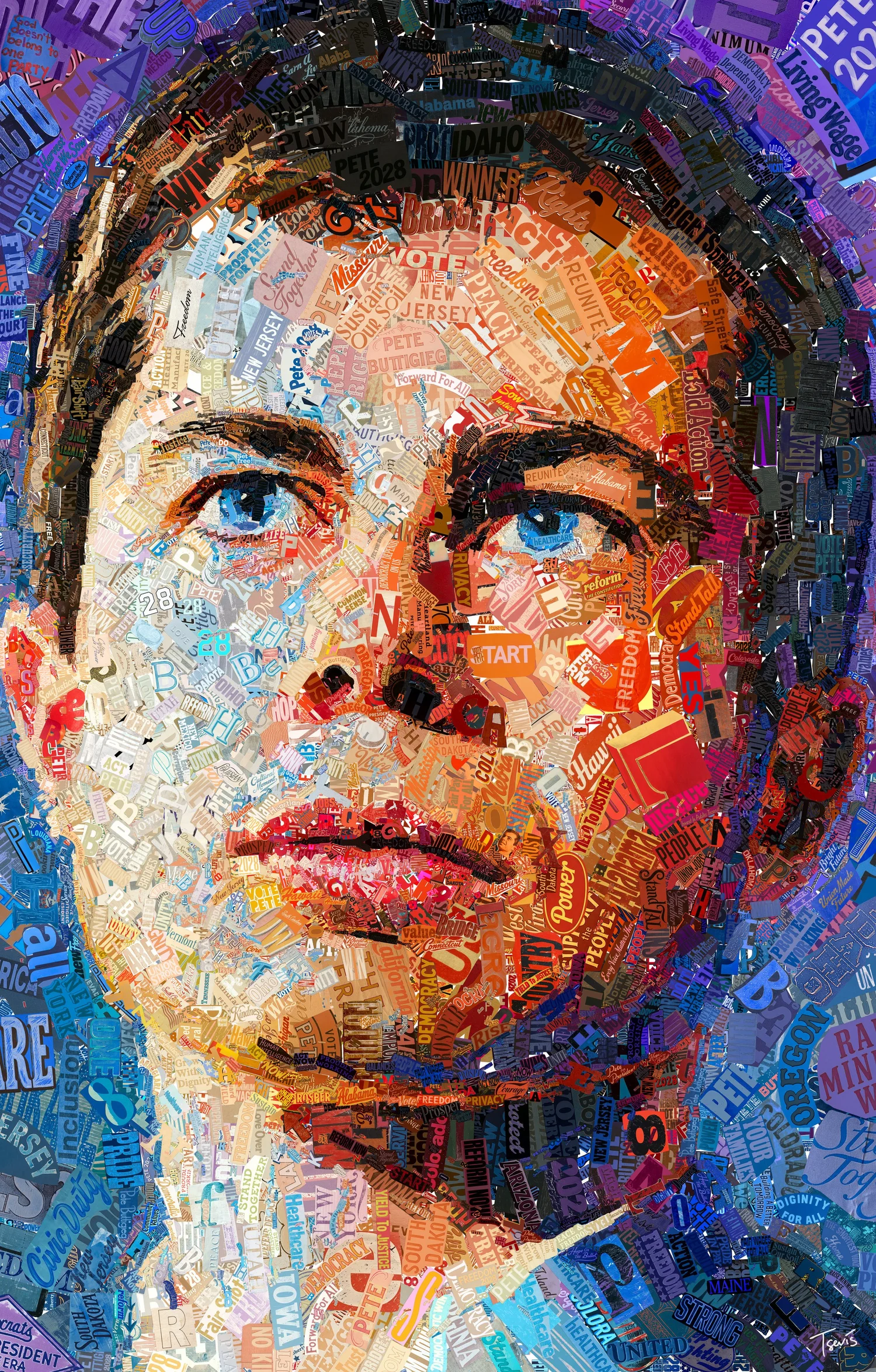 Typographic mosaic portrait of Pete Buttigieg looking up into the distance, his face in warm oranges and creams against violet and blue slogans.
