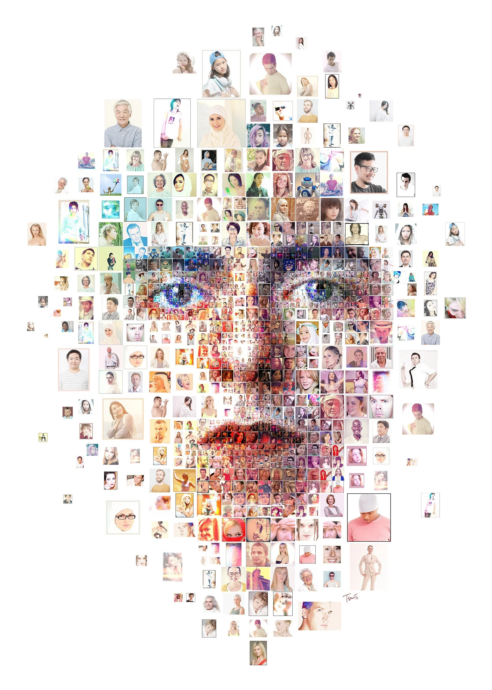 Androgynous face mosaic – hundreds of avatars and profile pictures as tiny tesserae.