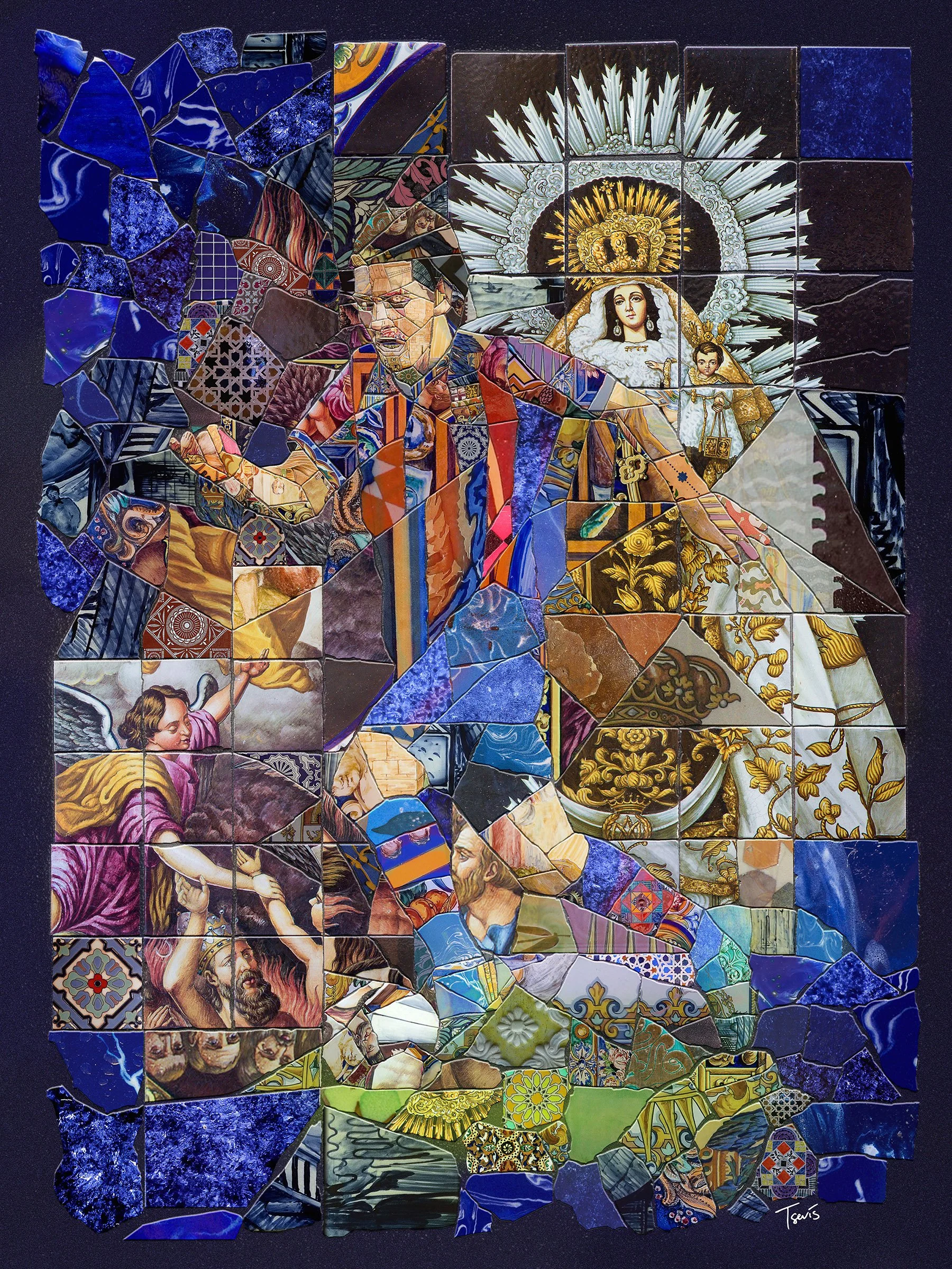 Messi with ball mosaic – pique assiette technique. Broken ceramic pieces as tesserae.