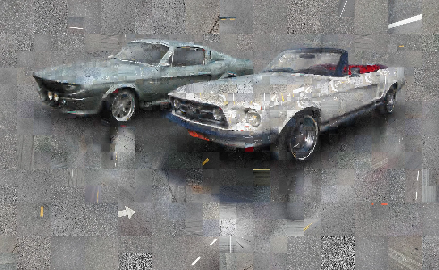 Convertible Mustang asphalt mosaic – vintage open-top pony from road markings and asphalt.
