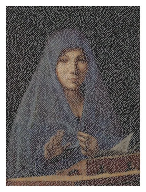 Painting of a woman in a blue veil rebuilt from thousands of small irregular tiles
