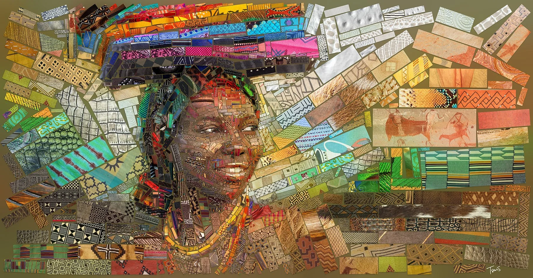 A woman with clothes on her head, African bricks mosaic art