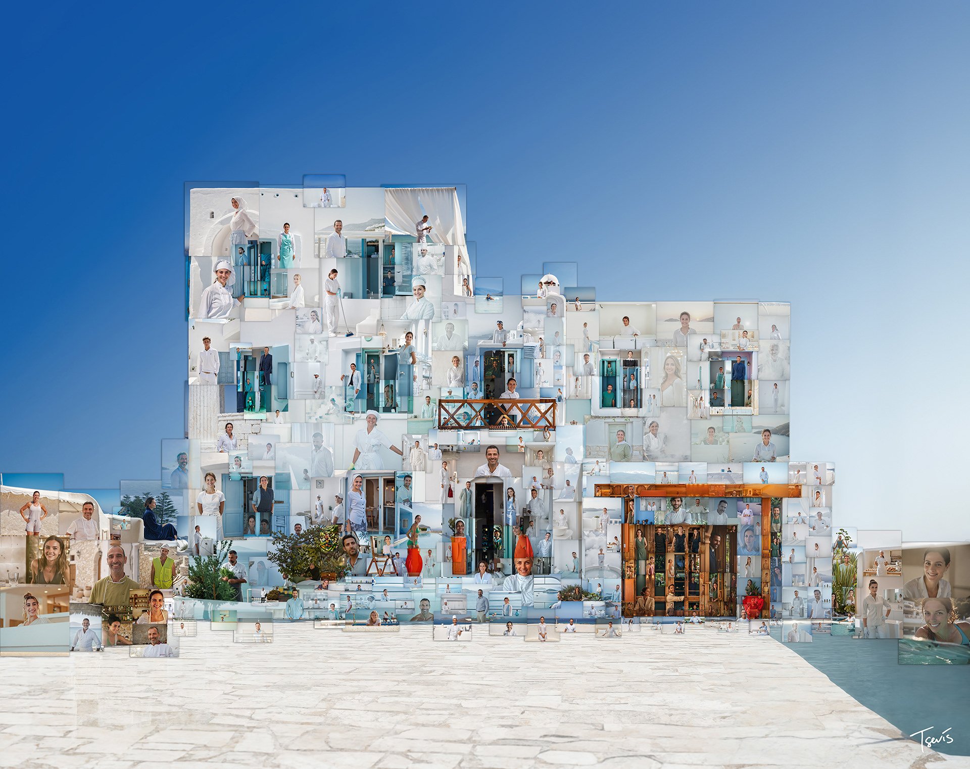 Traditional white Cycladic-style Greek island hotel building constructed as a photomosaic of tourism workers.