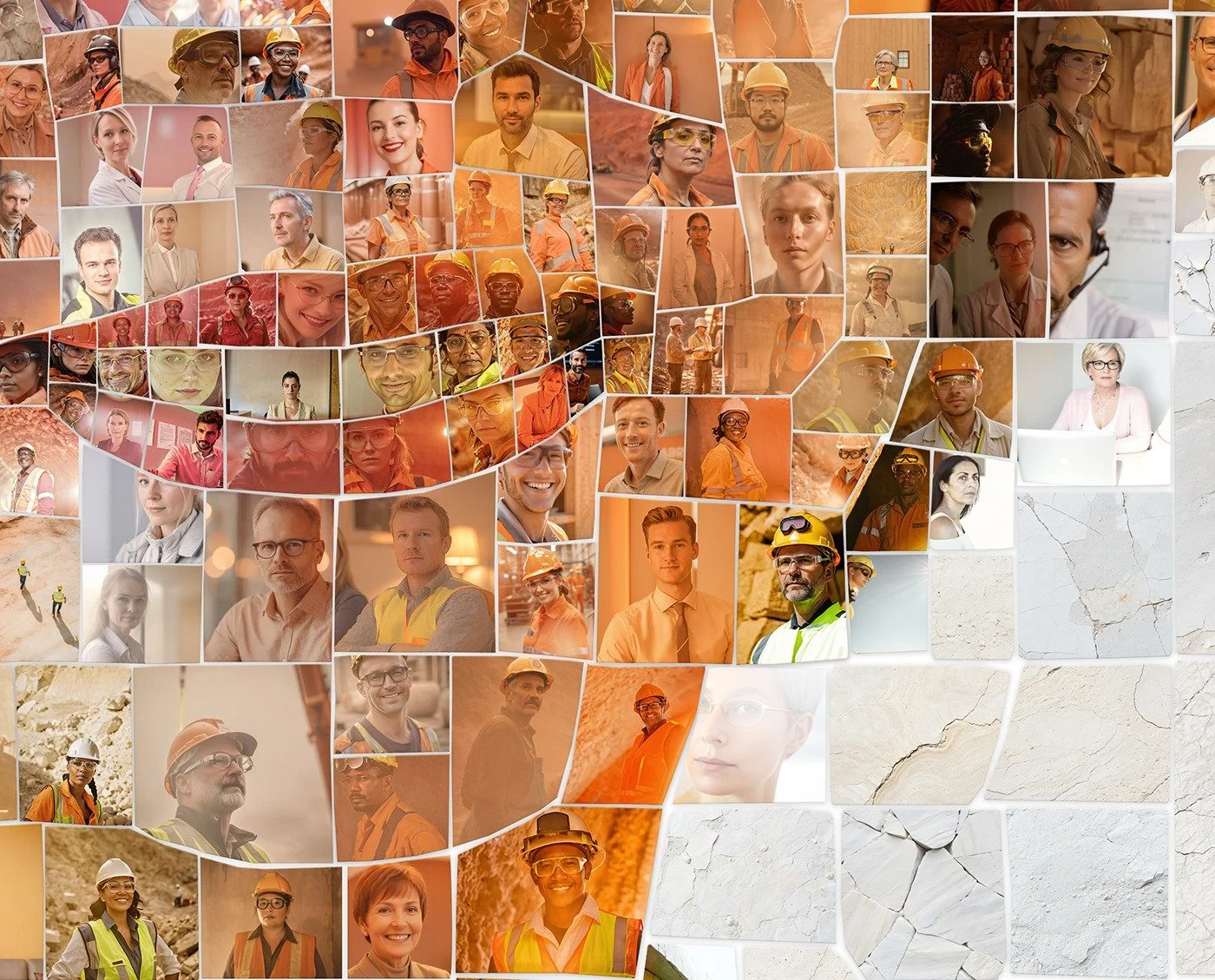 Close-up detail of a Lhoist photomosaic portrait showing the employee photos used as tiles