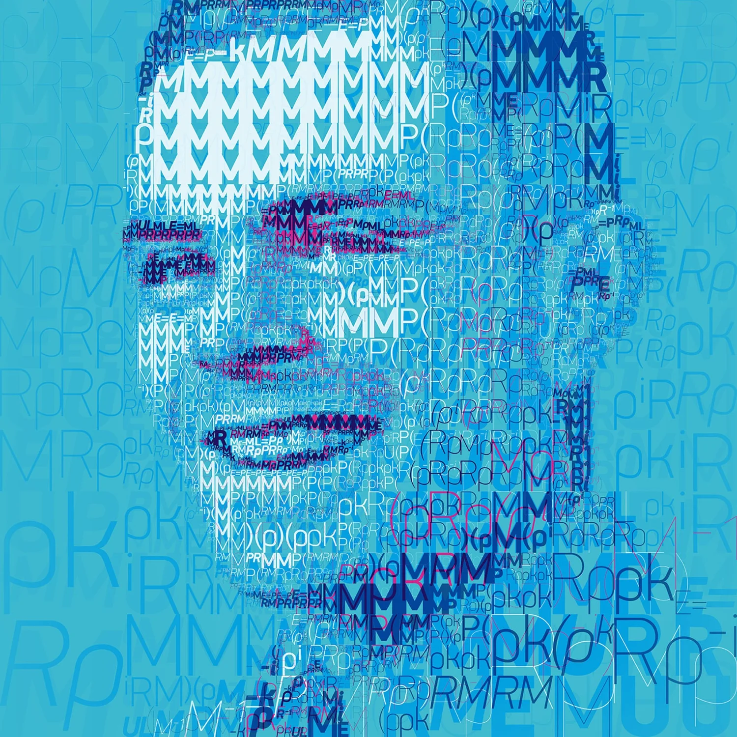 A vibrant blue typographic portrait of Alan Turing, composed entirely of text characters arranged to form his likeness. The design incorporates various shades of blue and red, creating depth and contrast against a dynamic background. This piece honors Alan Turing's legacy through a fusion of typography and creativity, using the PF DIN Display Pro typeface.