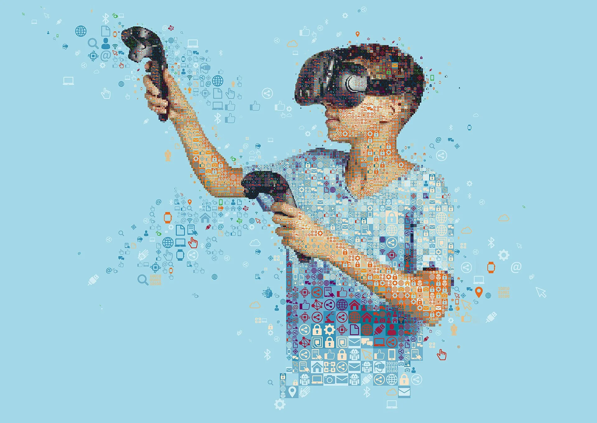 Mixed Reality mosaic. VR/AR headset and virtual objects. 4th Industrial Revolution educational artwork
