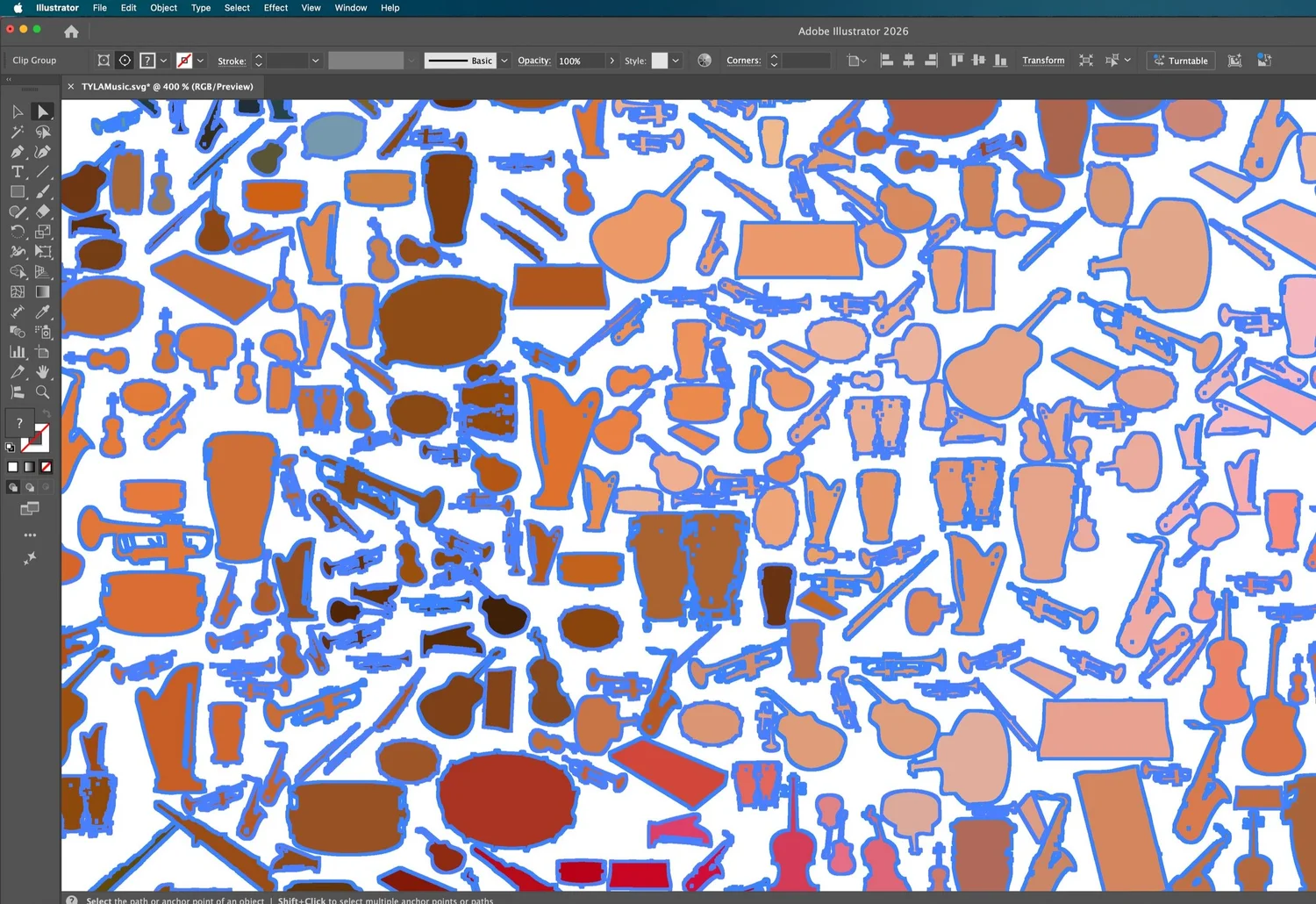 Skiagrafia SVG output opened in Adobe Illustrator: colored instrument cut-outs on white