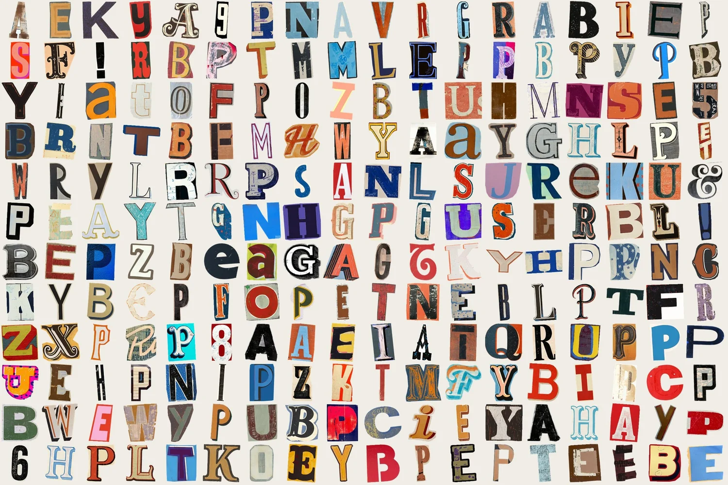 Plate of single cut-out letters in many typefaces and colors.