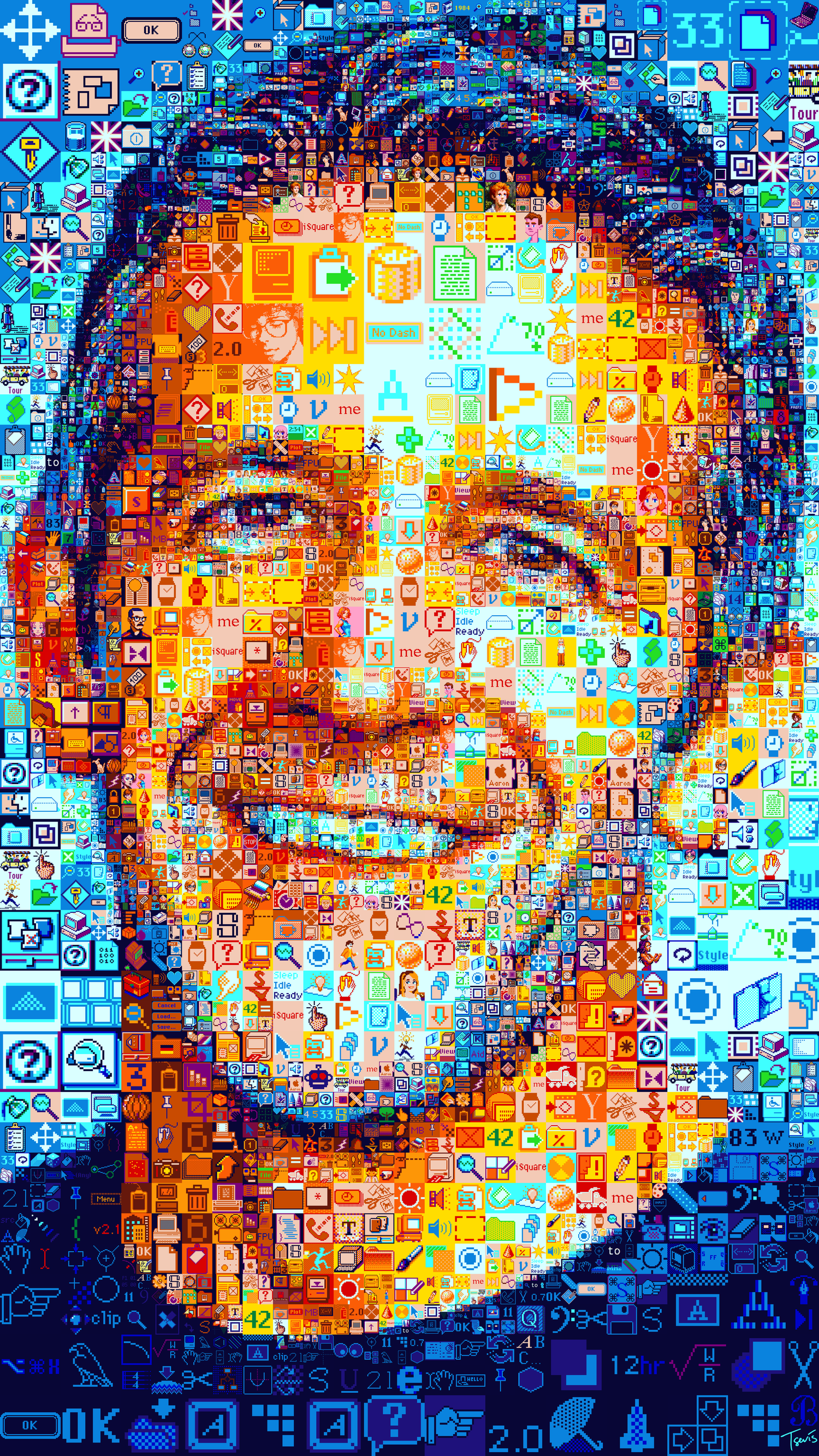 John Ternus portrait built from pixel-art fragments