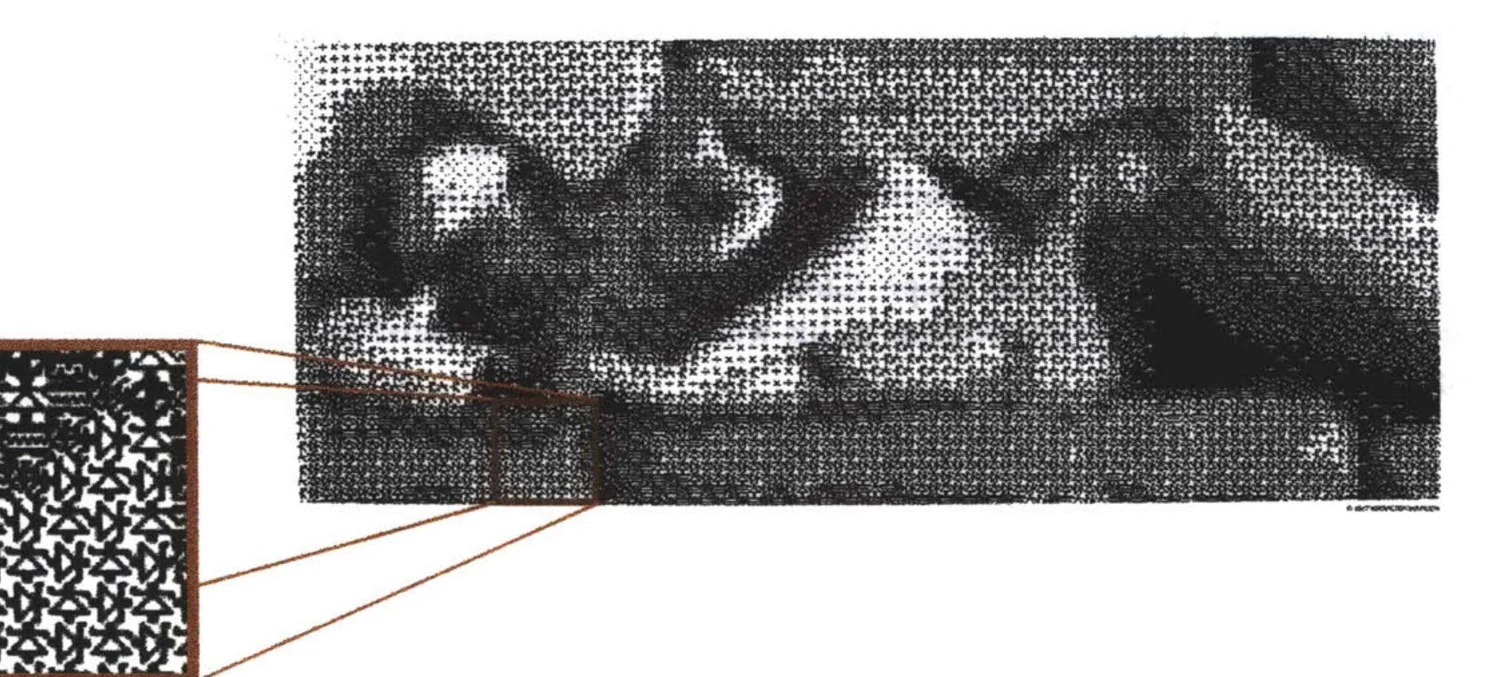 Reclining nude rendered in small black-and-white symbols, with an enlarged detail at left