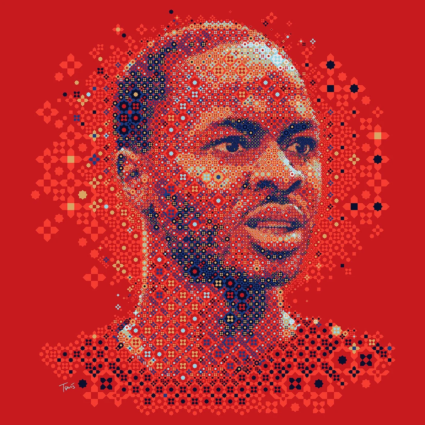 Mosaic of Raheem Sterling, featuring geometric Islamic patterns and England’s national colors, representing cultural synthesis.