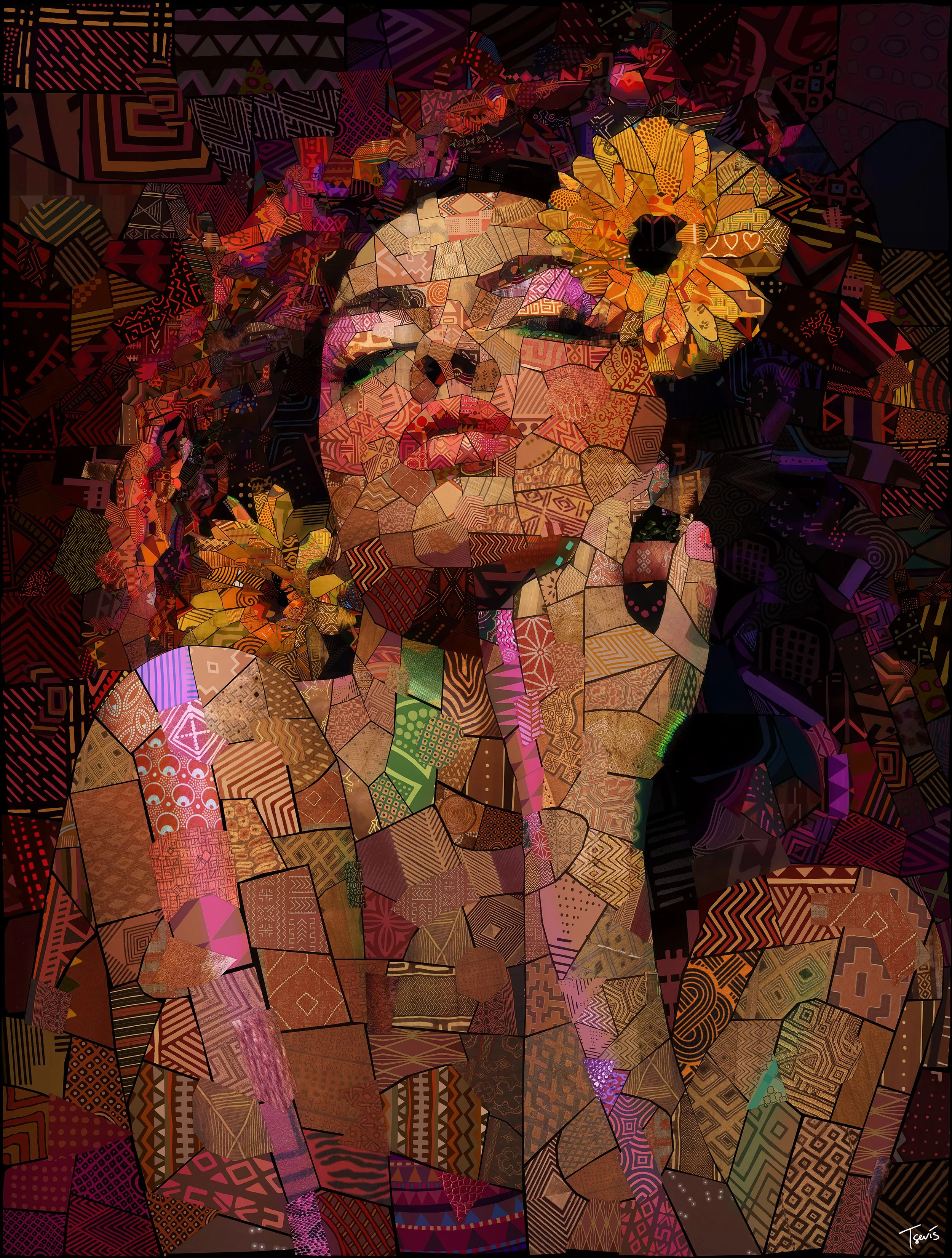 Cherish – Mosaic Portrait of a Sensual Woman with Flowers | Bold Afro-Bohemian Art Print