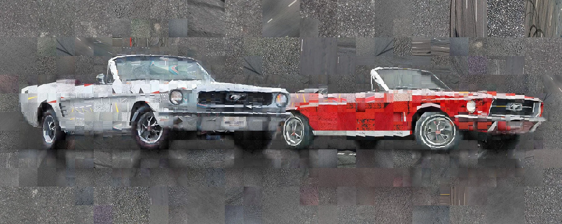Ford Mustang asphalt mosaic – vintage pony car from tarmac and road line fragments