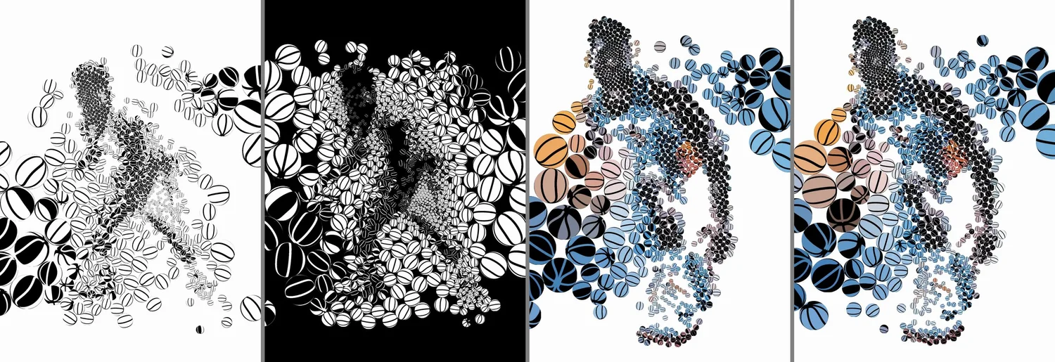 Four vertical mosaics of a basketball player made of basketball tiles: black on white, white on black, and two colour versions.