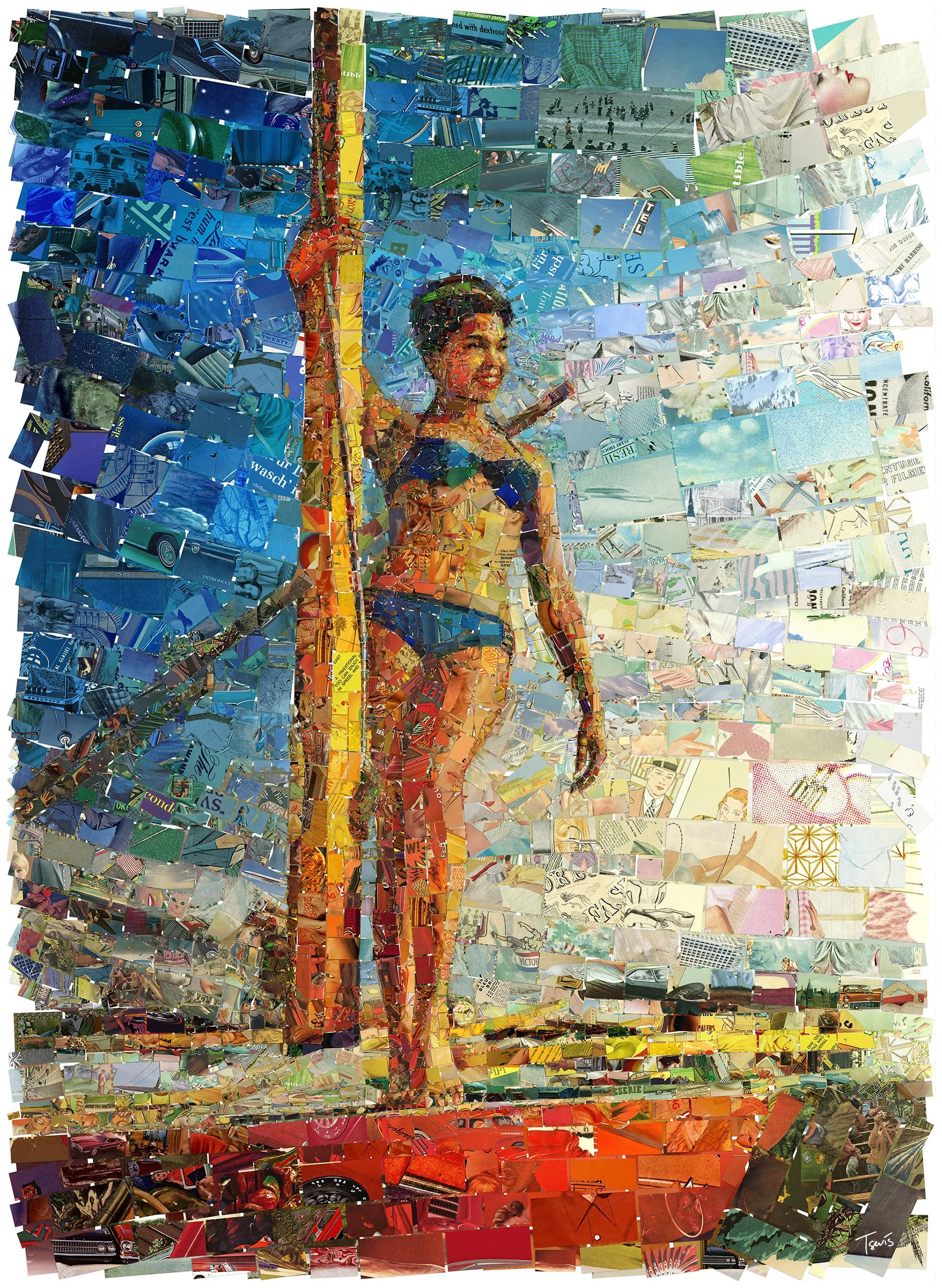 Nostalgic beach mosaic – 1960s bikinis and boat from printed ephemera