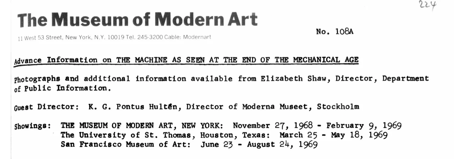 Typewritten advance information sheet listing the showings in New York, Houston and San Francisco