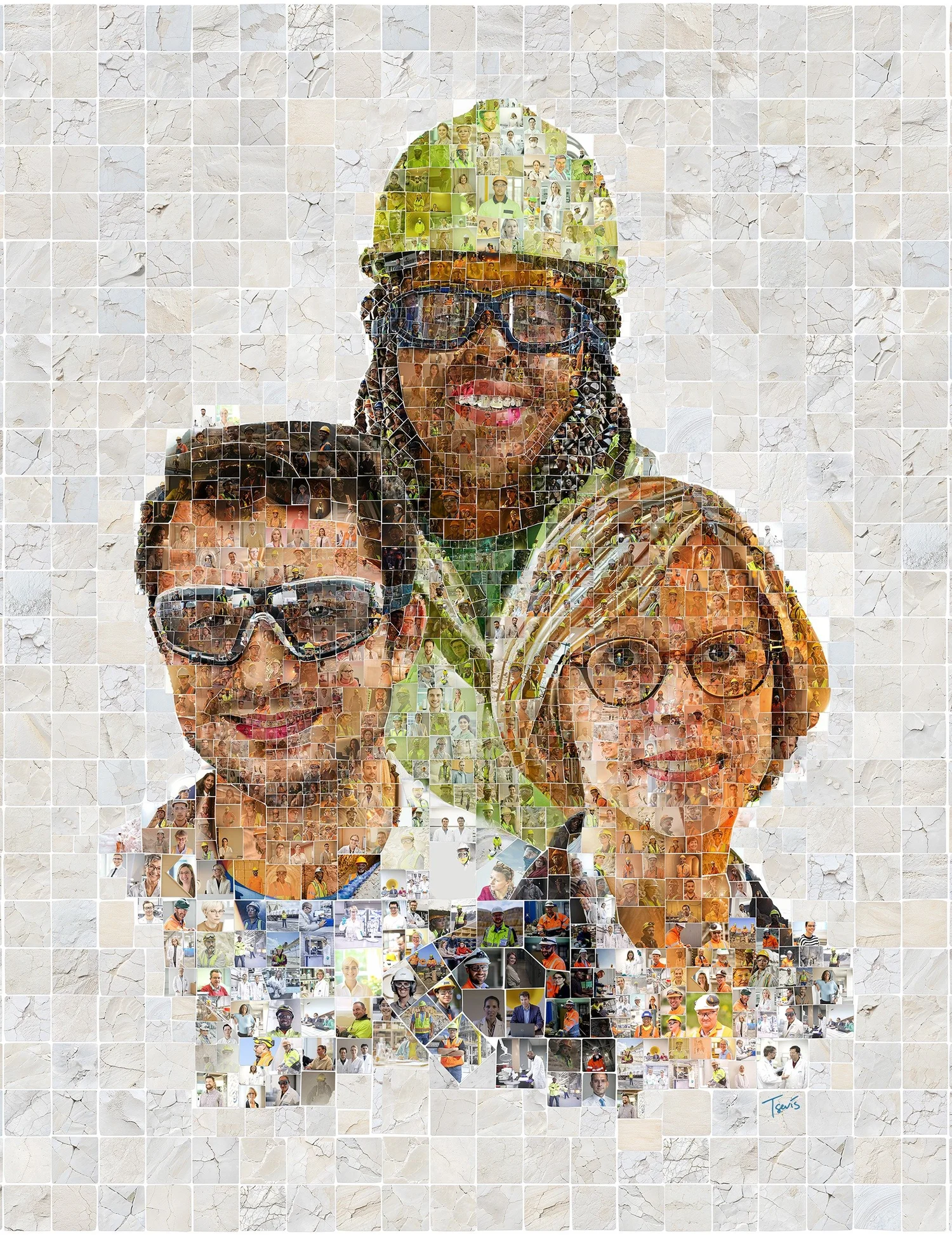 Photomosaic of three Lhoist employees, one in a green hard hat, built from photos of colleagues