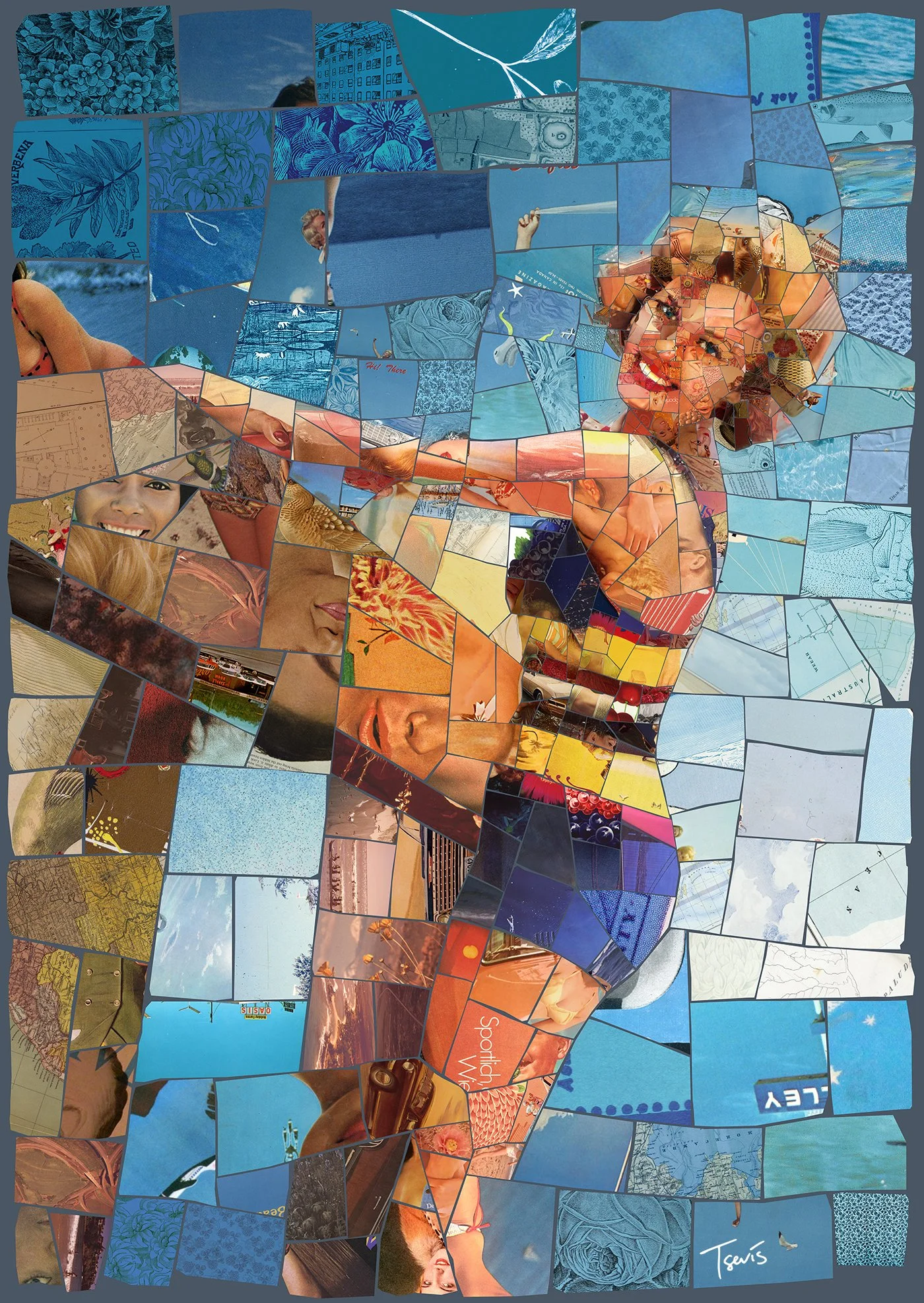 Under the boardwalk - Retro Mosaic Art Print | Playful Woman on Boardwalk