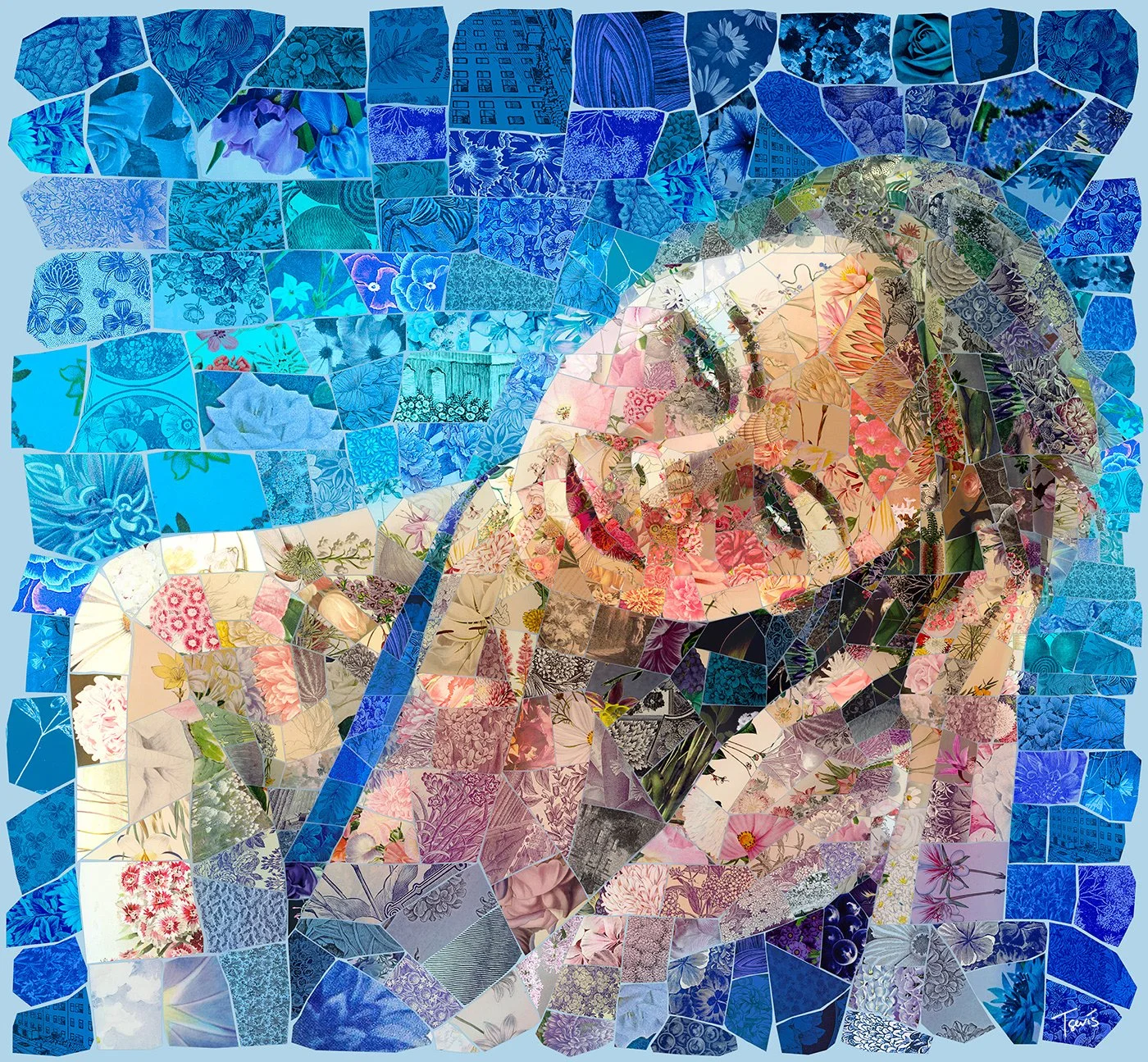 Aphrodite mosaic, flower petals and plant leaves as individual tiles