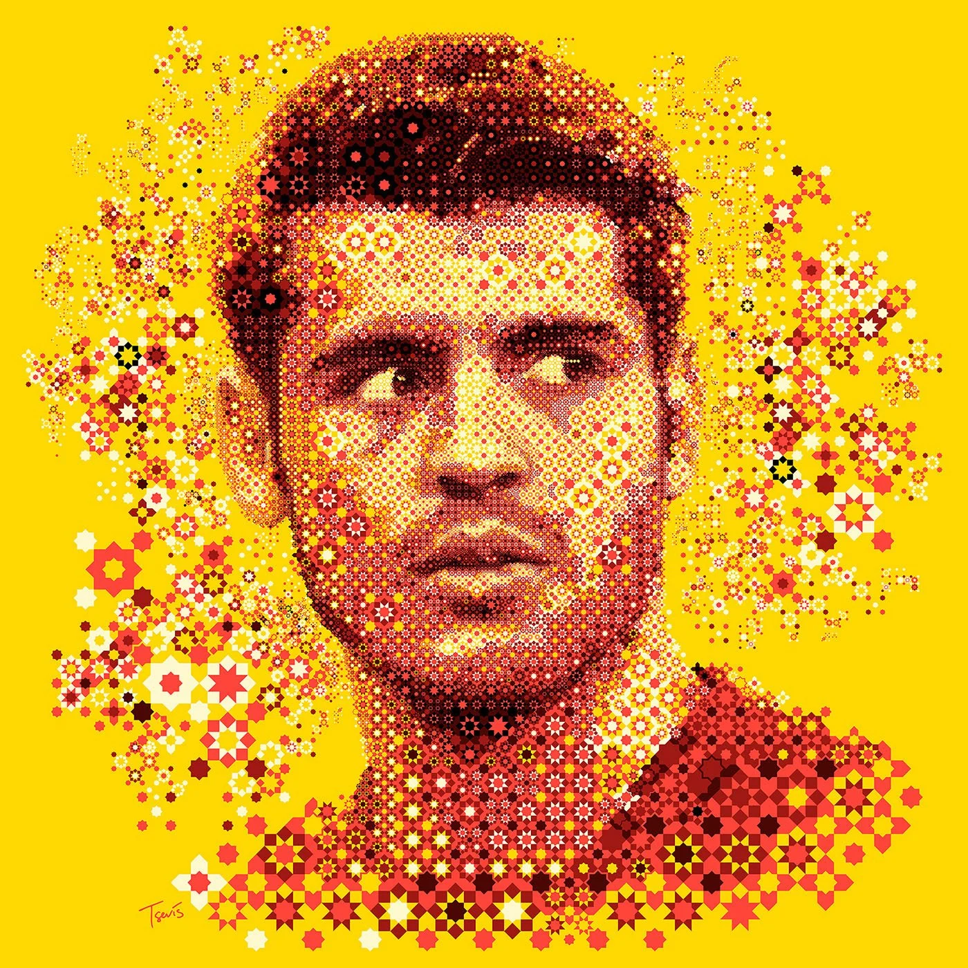 Mosaic portrait of Álvaro Morata, incorporating Islamic design elements and Spain’s national colors, highlighting cultural interplay.