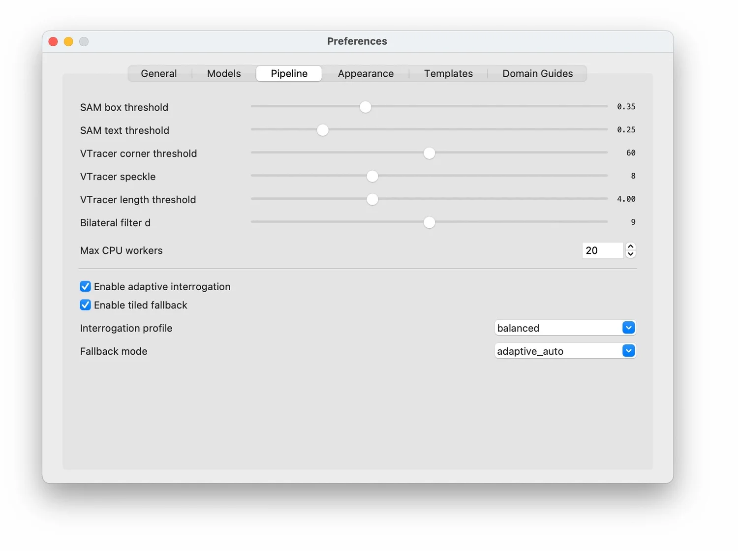 Skiagrafia Preferences window, Pipeline tab, with sliders for thresholds and quality