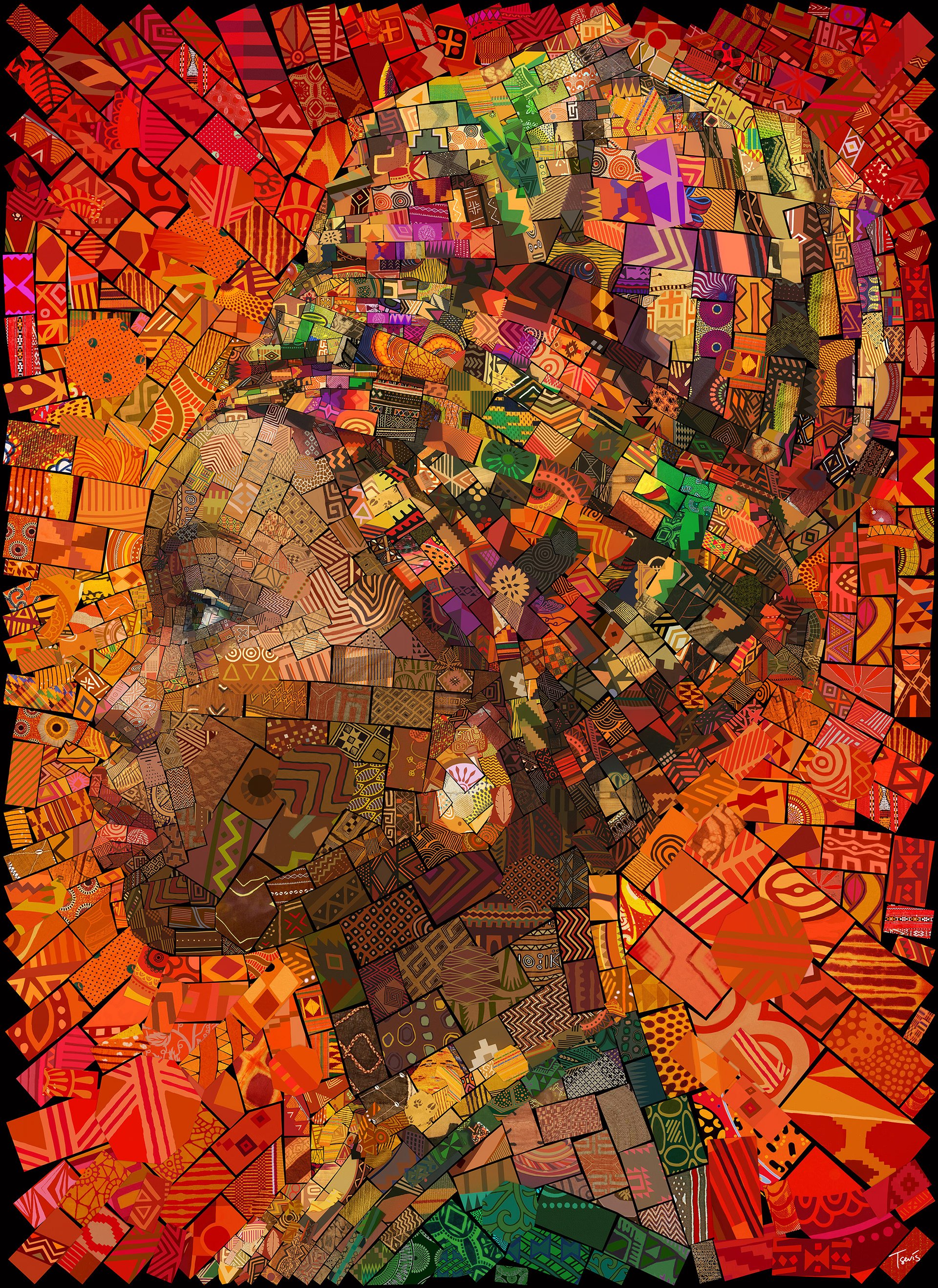 profile portrait of a woman in a turban, digital mosaic prints on canvas