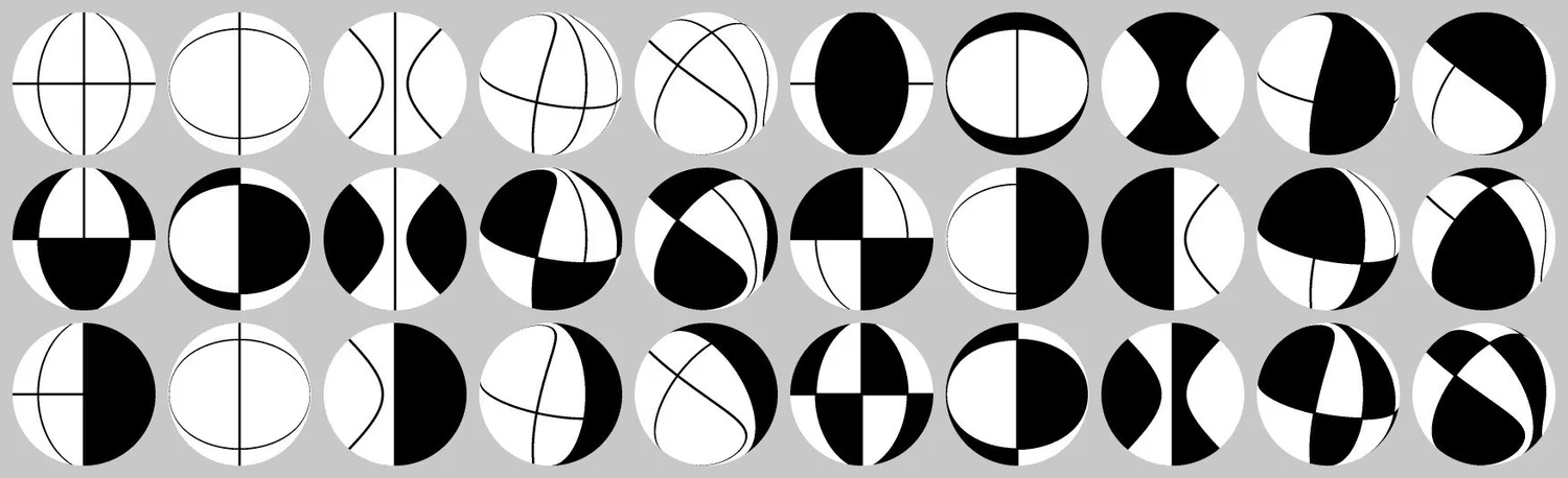 Thirty black-and-white tiles in three lines of ten showing a ball with thin black seams and oval panels.