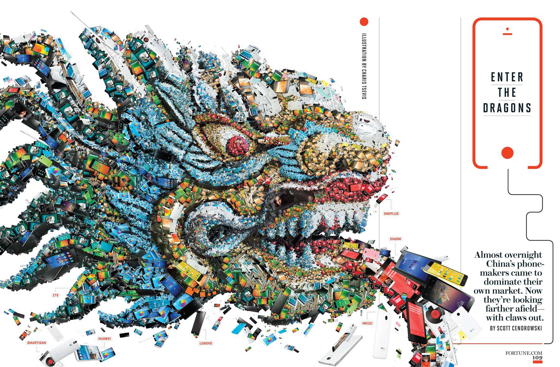 Fortune magazine spread: a Chinese dragon head mosaic made of many smartphones, with phones spilling from its mouth