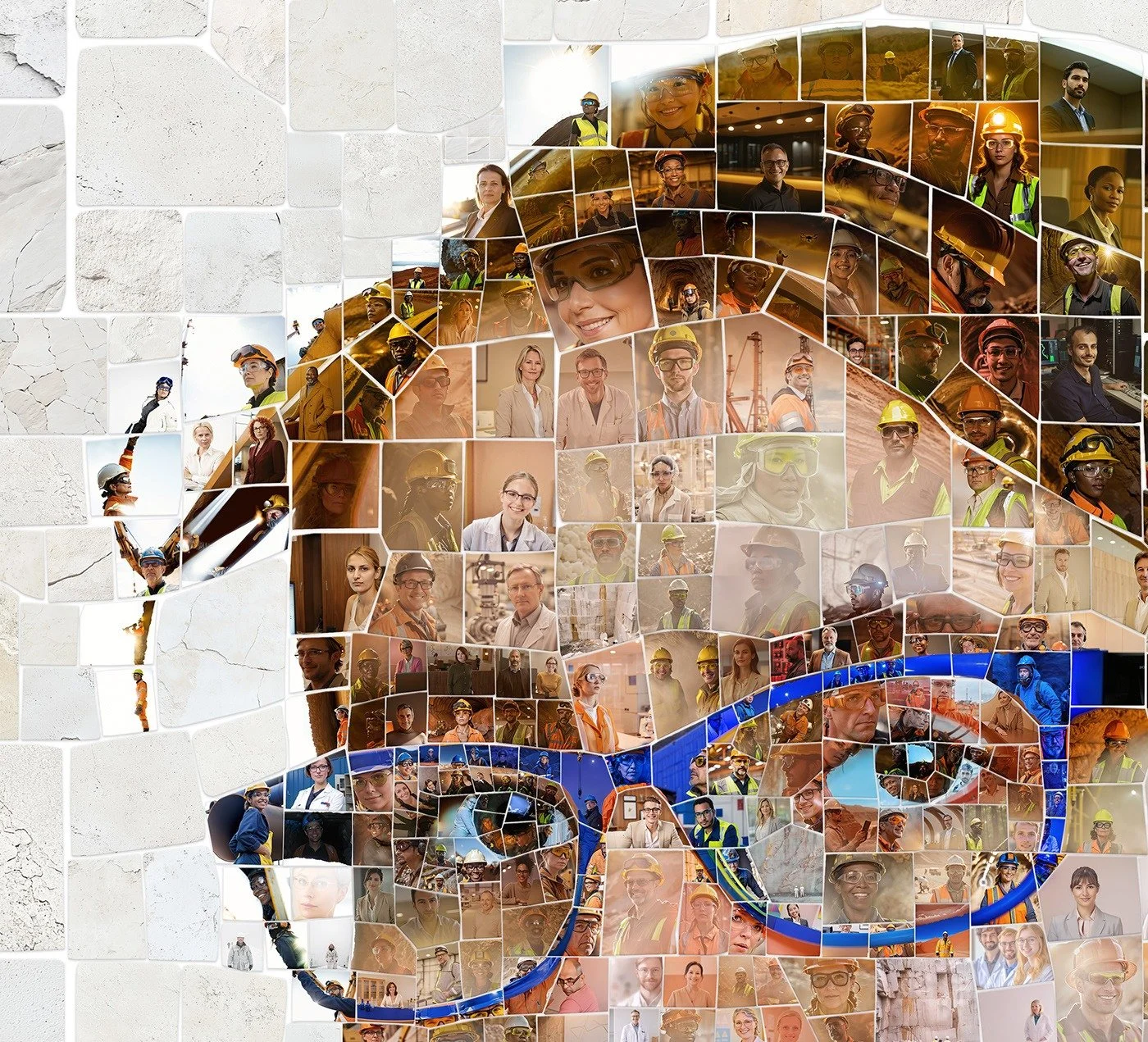 Close-up detail of a Lhoist photomosaic portrait showing the employee photos used as tiles