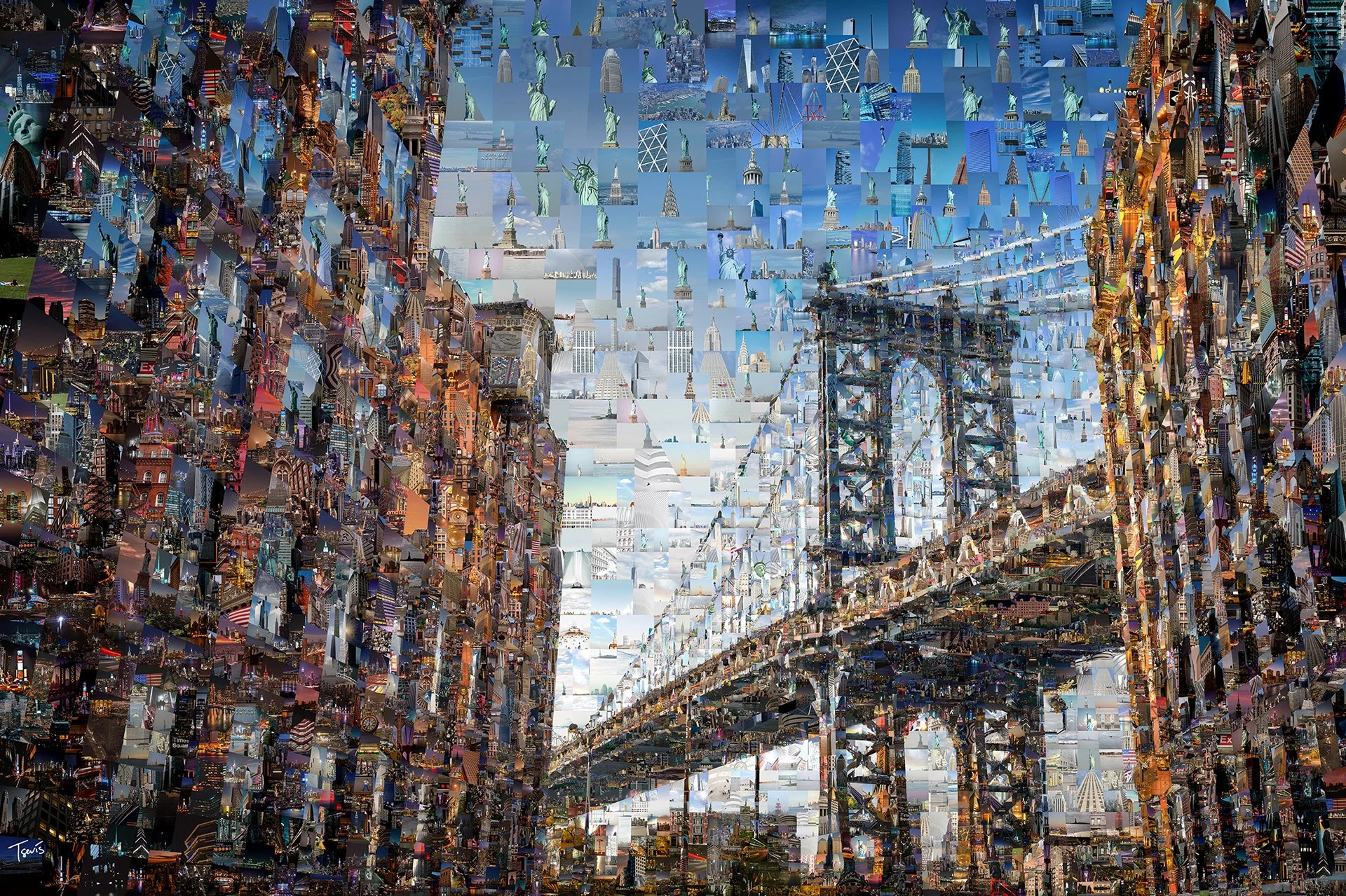 Digital mosaic artwork picturing Brooklyn Bridge on a bright summer day