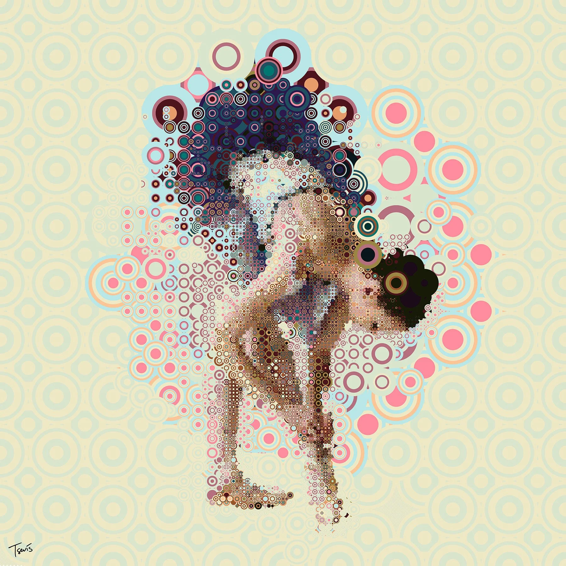 digital mosaic based on colorful concentric circles showing a ballet dancer