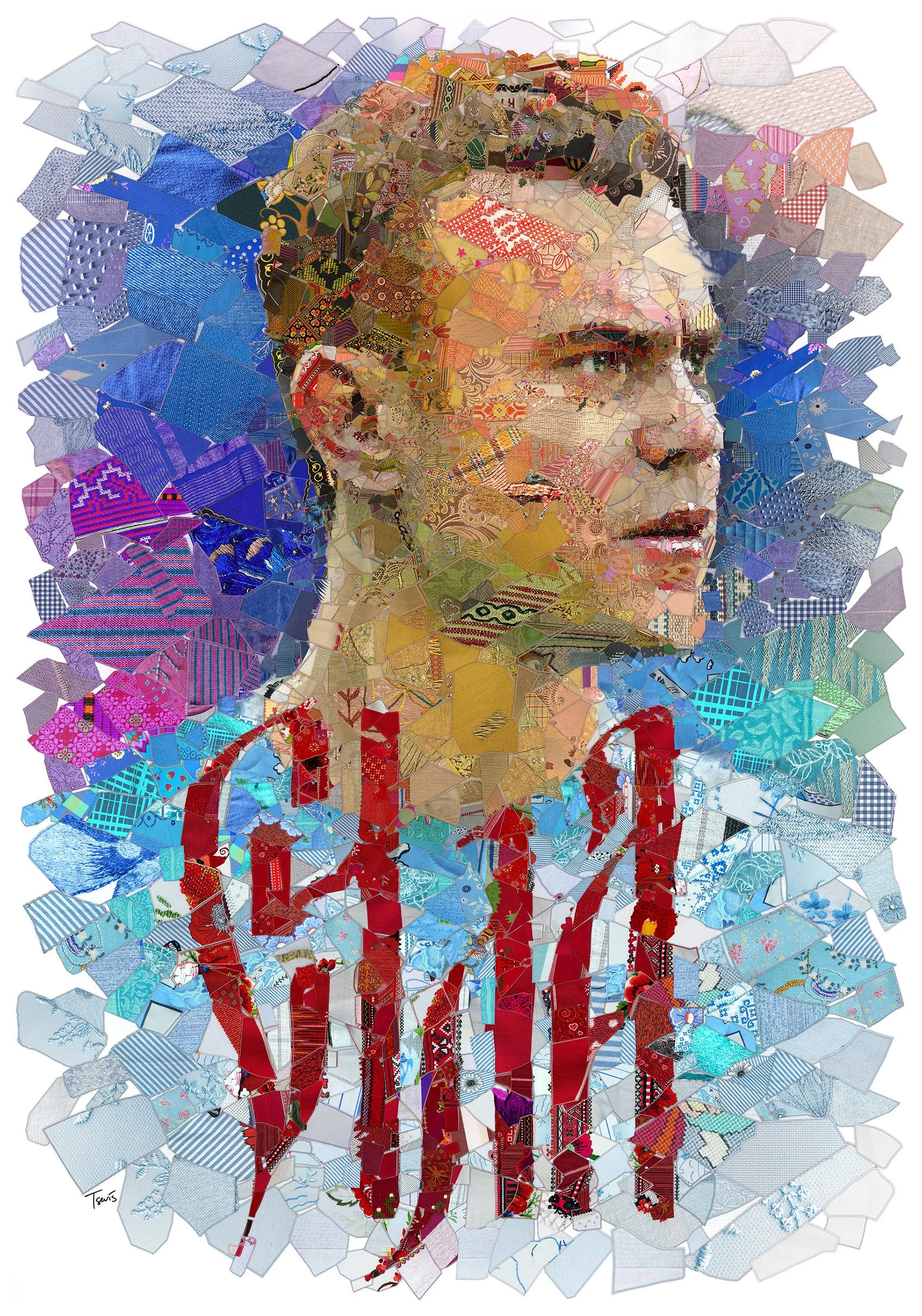 Igor Akinfeev mosaic – Russian goalkeeper from patchwork quilting fragments. Cyrillic word Сила (Force). Russia 2018.