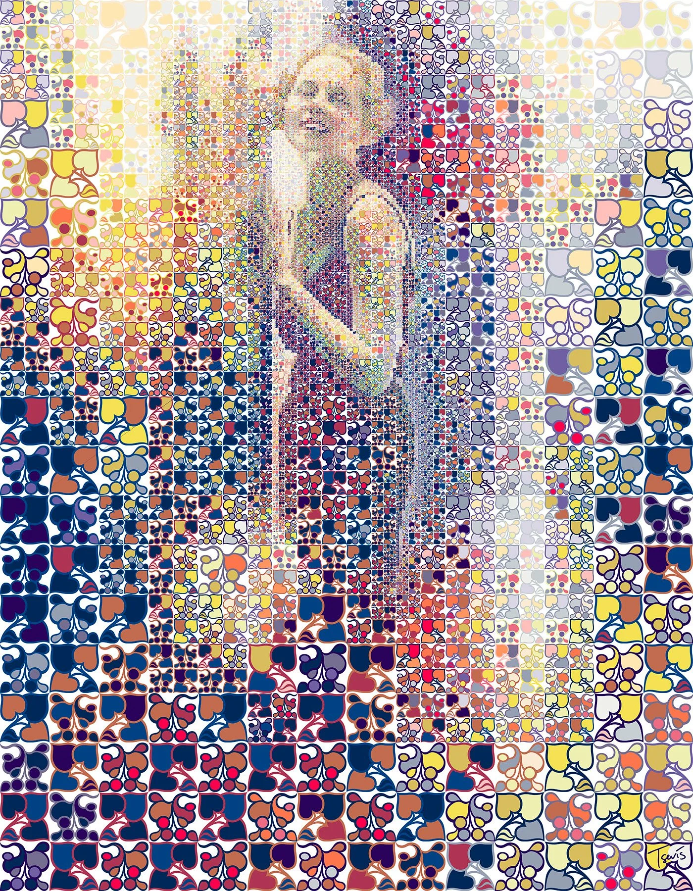 Digital mosaic of a Belle Epoque female Artist made out of floral decorations in various colors.