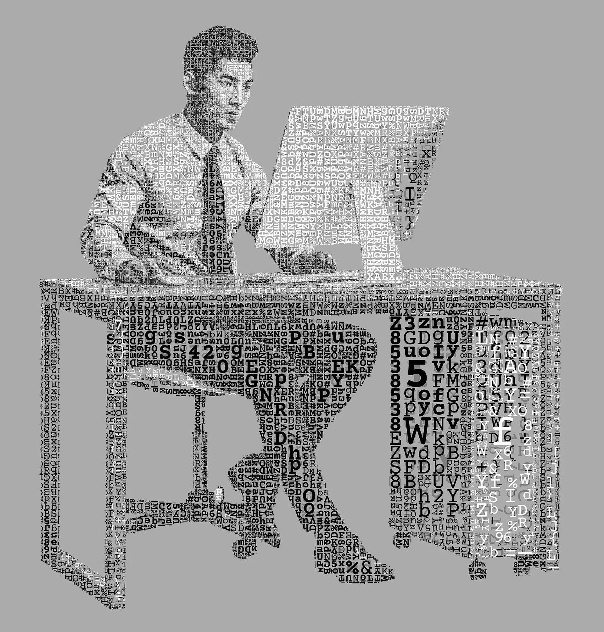 Human figure typographic mosaic from Courier code.